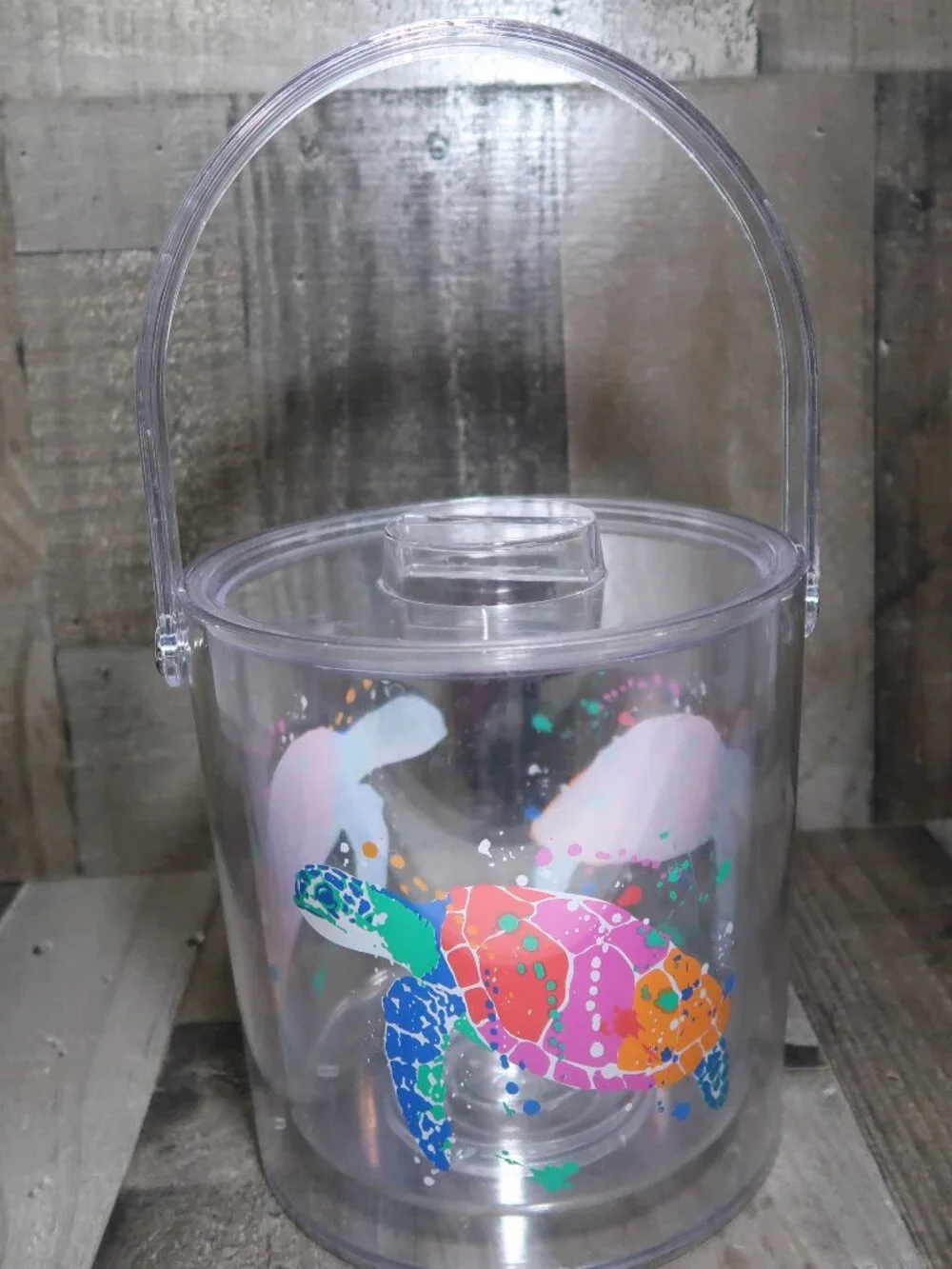 Vintage Lucite Tropical Sea Turtle Ice Bucket with Handle Clear Lid Acrylic